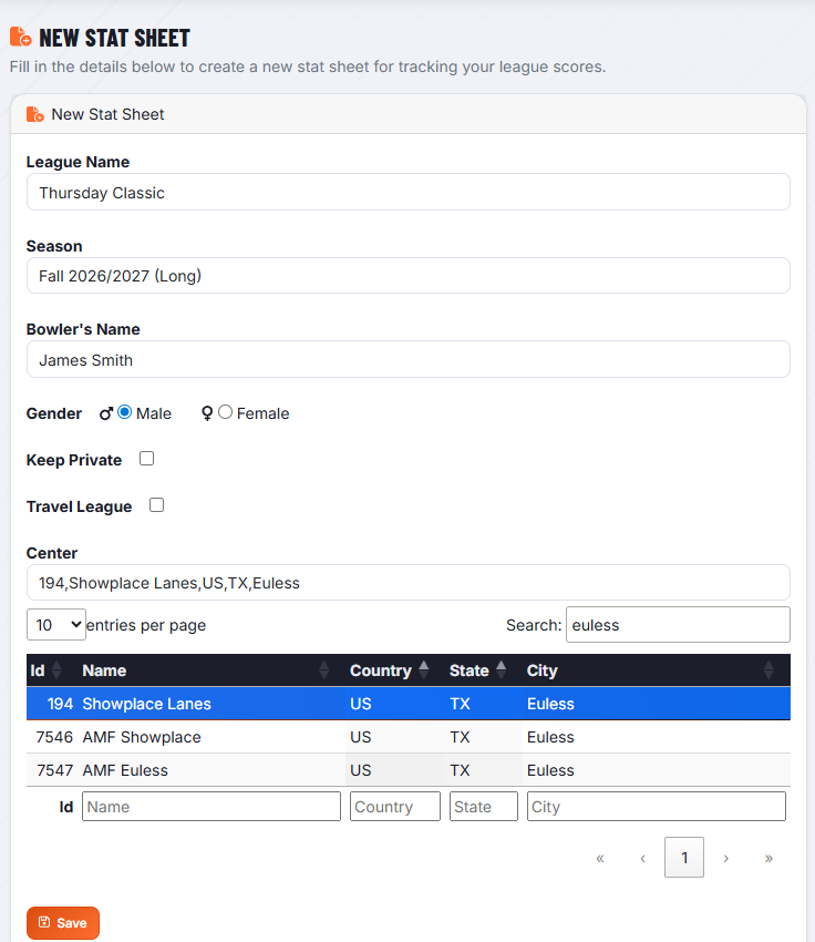 New Stat Sheet form